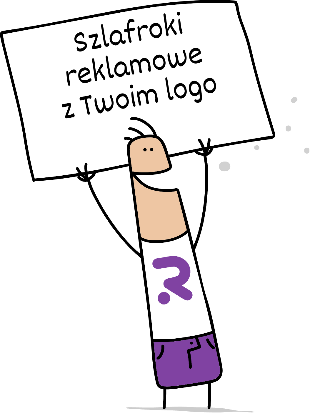 Buddy trzymający napis szlafroki reklamowe z Twoim logo